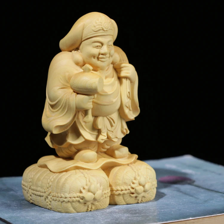 6CM/10CM Boxwood Statue Wood Buddha CraftHome Decor Feng Shui Office Decoration Sculpture Japanese God of Wealth Mahakala