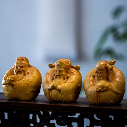 6CM 3PCS Three God Sculpture Boxwood Figure Buddha Fu Lu Shou Three Stars Chinese Auspicious Wood Statue Feng Shui Home Decor