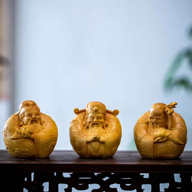 6CM 3PCS Three God Sculpture Boxwood Figure Buddha Fu Lu Shou Three Stars Chinese Auspicious Wood Statue Feng Shui Home Decor
