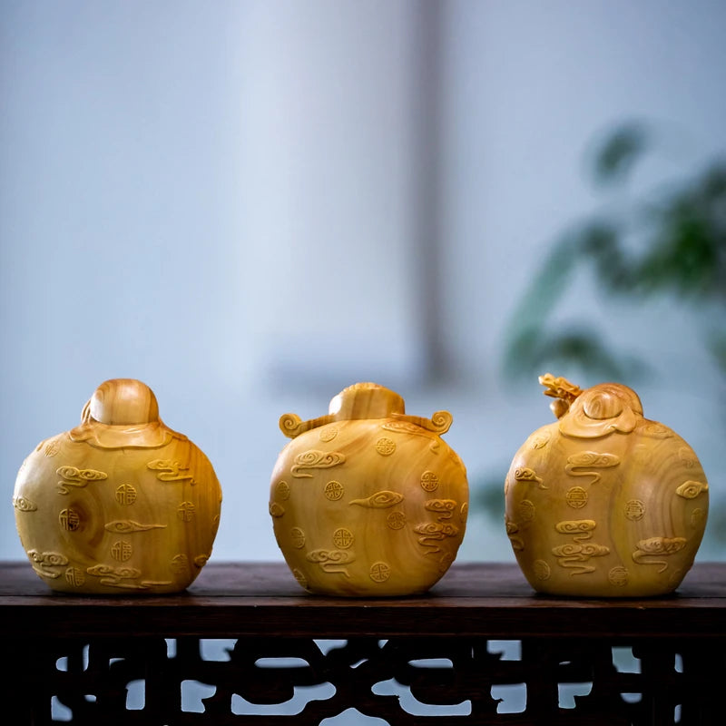 6CM 3PCS Three God Sculpture Boxwood Figure Buddha Fu Lu Shou Three Stars Chinese Auspicious Wood Statue Feng Shui Home Decor