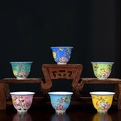 6Pcs High Quality Ceramic Teacup Set Hand Painted Flowers Small Tea Bowl Enamel Color Pu'er Tea Cup Home Porcelain Tea Sets