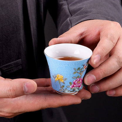 6Pcs High Quality Ceramic Teacup Set Hand Painted Flowers Small Tea Bowl Enamel Color Pu'er Tea Cup Home Porcelain Tea Sets