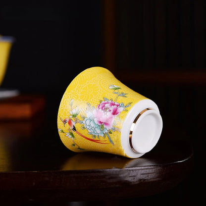 6Pcs High Quality Ceramic Teacup Set Hand Painted Flowers Small Tea Bowl Enamel Color Pu'er Tea Cup Home Porcelain Tea Sets