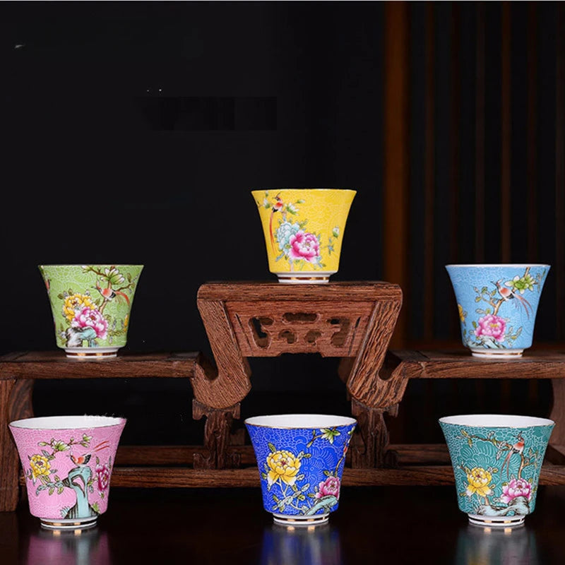 6Pcs High Quality Ceramic Teacup Set Hand Painted Flowers Small Tea Bowl Enamel Color Pu'er Tea Cup Home Porcelain Tea Sets