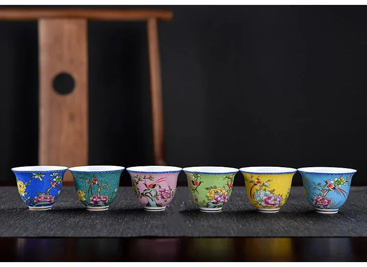 6Pcs High Quality Ceramic Teacup Set Hand Painted Flowers Small Tea Bowl Enamel Color Pu'er Tea Cup Home Porcelain Tea Sets