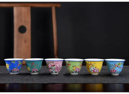 6Pcs High Quality Ceramic Teacup Set Hand Painted Flowers Small Tea Bowl Enamel Color Pu'er Tea Cup Home Porcelain Tea Sets