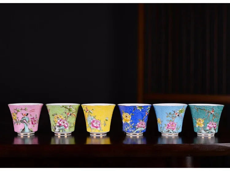 6Pcs High Quality Ceramic Teacup Set Hand Painted Flowers Small Tea Bowl Enamel Color Pu'er Tea Cup Home Porcelain Tea Sets