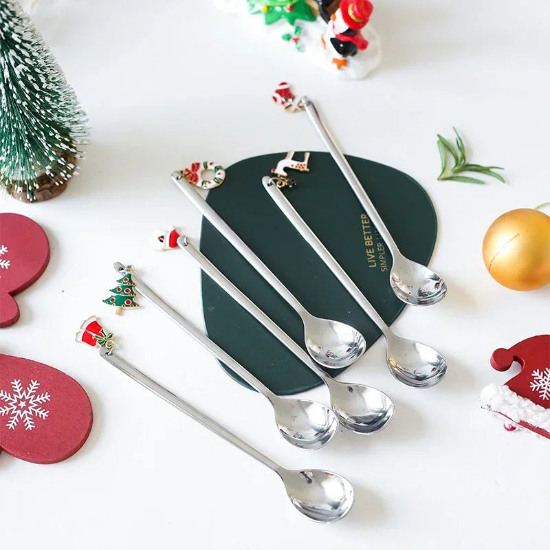 6Pcs/set Christmas Stainless Steel Coffee Spoons Tea Scoops Kids Spoon Set for Festival Party Tableware Christmas NewYear Gifts