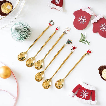 6Pcs/set Christmas Stainless Steel Coffee Spoons Tea Scoops Kids Spoon Set for Festival Party Tableware Christmas NewYear Gifts
