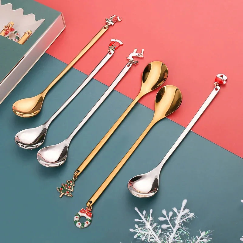 6Pcs/set Christmas Stainless Steel Coffee Spoons Tea Scoops Kids Spoon Set for Festival Party Tableware Christmas NewYear Gifts