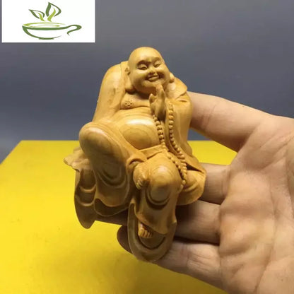 Cliff cypress wood carving, Zen Maitreya Buddha statue decoration, living room, TV cabinet decoration, Chinese style home