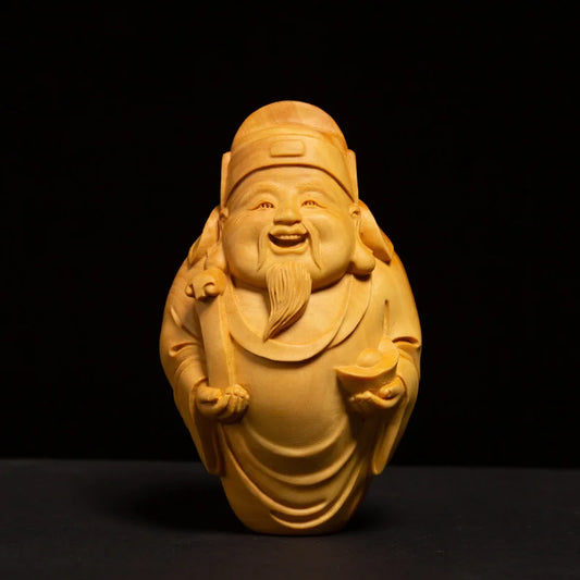 6cm / 8cm Wealth God Boxwood Lucky Feng Shui Solid Wood Pendant Crafts Buddha Wood Statue Ornaments Room Decor