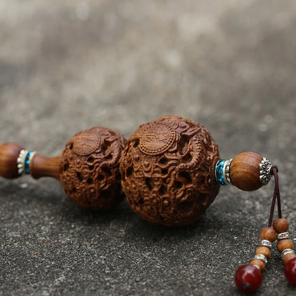 6cm Dragon Pattern Gourd Wood Carving Gifts Peace Figurines Car Pendant Ornaments