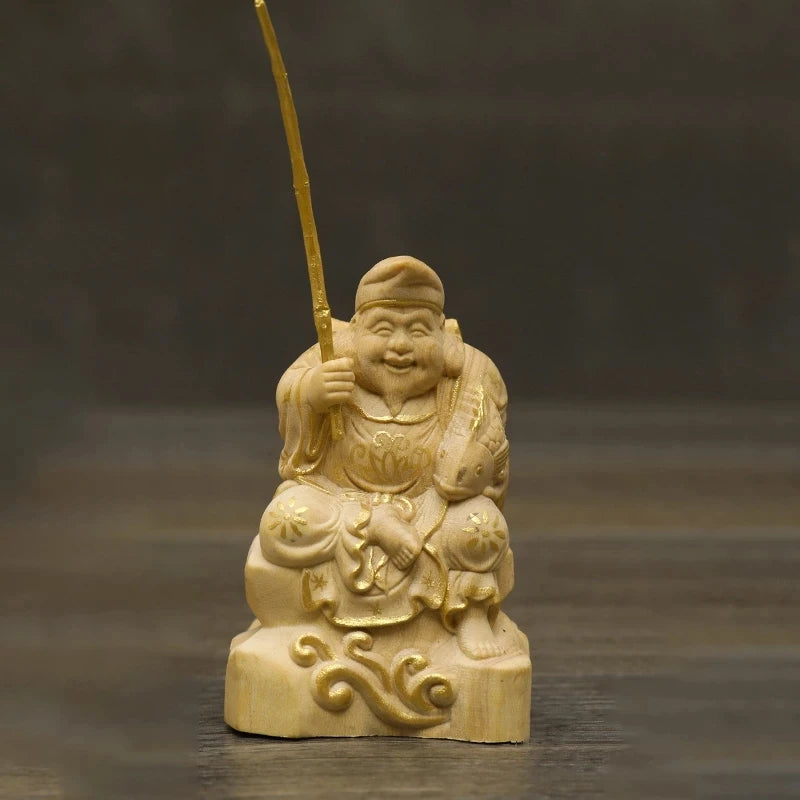 6cm Lucky Rich God Ebisu Boxwood Statue, Hiruko Crafts, Gods of Luck, God of Wealth, Sculpture