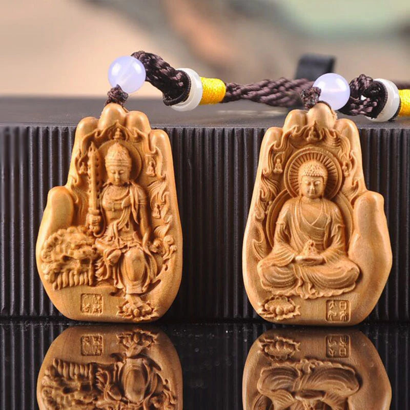 6cm The Eight Guardian God Buddha Statue Car Key Chain Pendant Home Decor Thuja Wood Key Chain Hanging Decoration