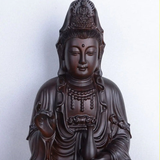 6inch Wooden Guanyin Statue Safflower Solid Wood Black Sandalwood Wooden Buddha Statue Home Feng Shui Decoration