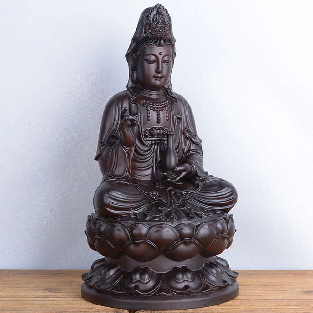 6inch Wooden Guanyin Statue Safflower Solid Wood Black Sandalwood Wooden Buddha Statue Home Feng Shui Decoration