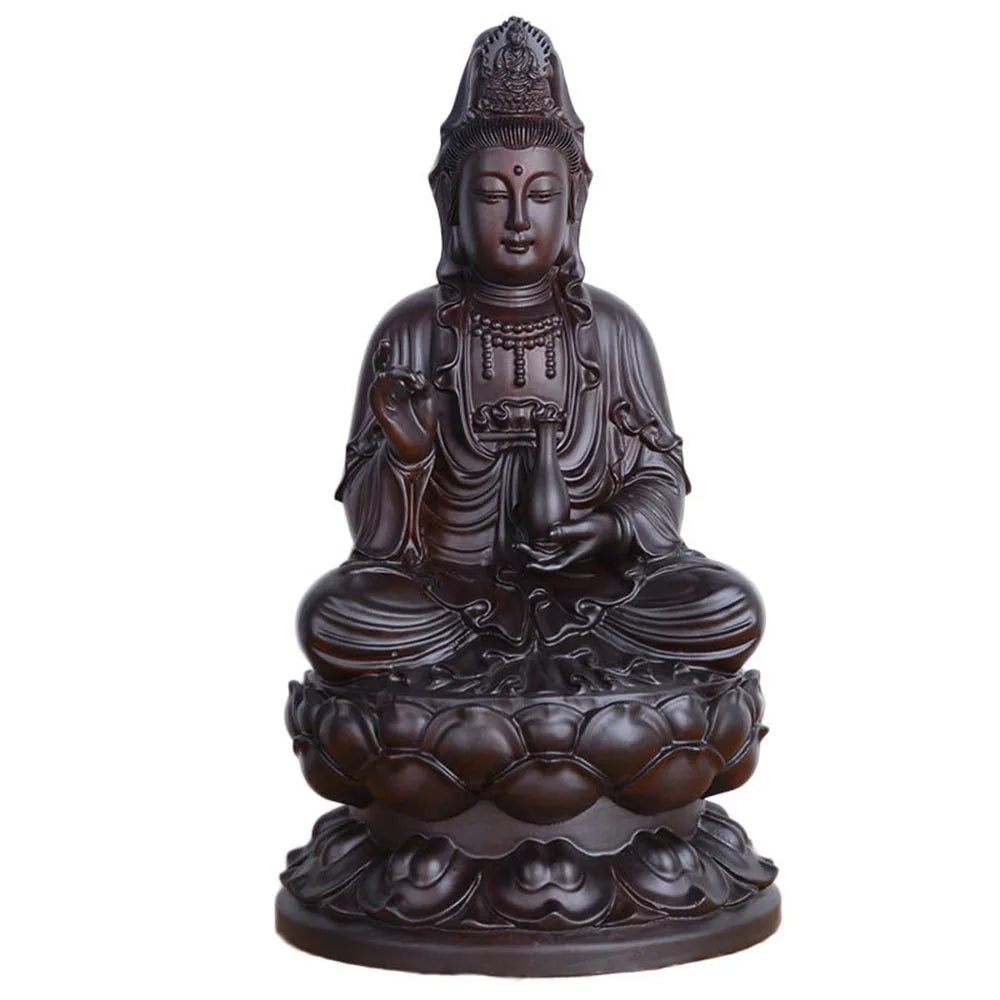 6inch Wooden Guanyin Statue Safflower Solid Wood Black Sandalwood Wooden Buddha Statue Home Feng Shui Decoration