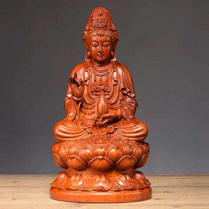 6inch Wooden Guanyin Statue Safflower Solid Wood Black Sandalwood Wooden Buddha Statue Home Feng Shui Decoration
