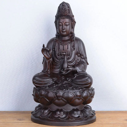 6inch Wooden Guanyin Statue Safflower Solid Wood Black Sandalwood Wooden Buddha Statue Home Feng Shui Decoration
