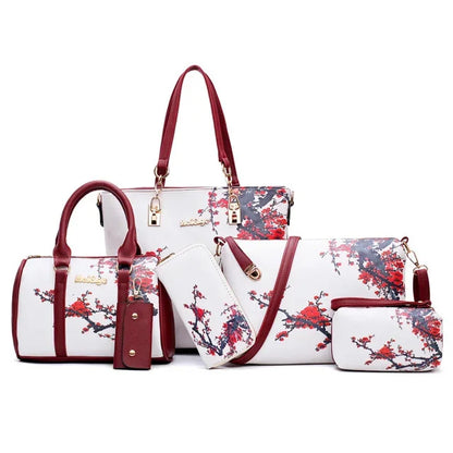 6pcs/ Fashion Women Handbags Prints PU Leather Clutch Large Shoulder Purse Female Set Composite Bag