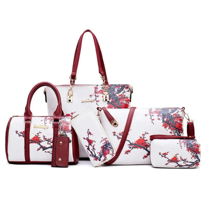 6pcs/ Fashion Women Handbags Prints PU Leather Clutch Large Shoulder Purse Female Set Composite Bag