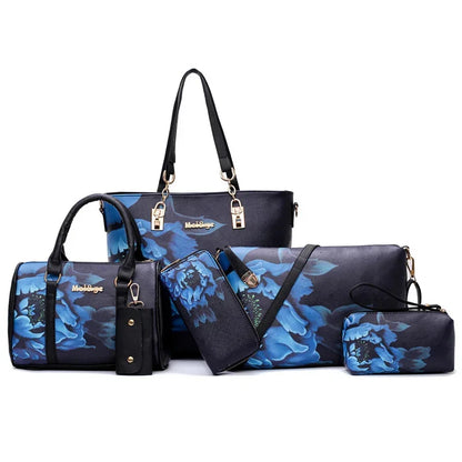 6pcs/ Fashion Women Handbags Prints PU Leather Clutch Large Shoulder Purse Female Set Composite Bag