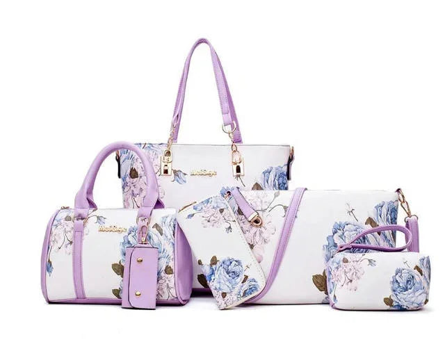 6pcs/ Fashion Women Handbags Prints PU Leather Clutch Large Shoulder Purse Female Set Composite Bag