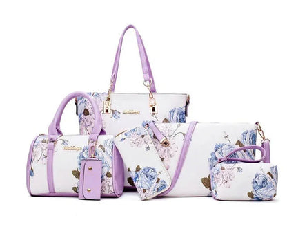 6pcs/ Fashion Women Handbags Prints PU Leather Clutch Large Shoulder Purse Female Set Composite Bag