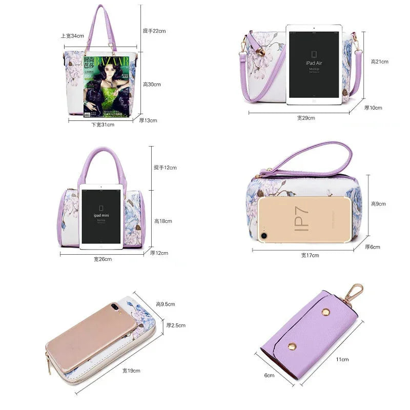 6pcs/ Fashion Women Handbags Prints PU Leather Clutch Large Shoulder Purse Female Set Composite Bag