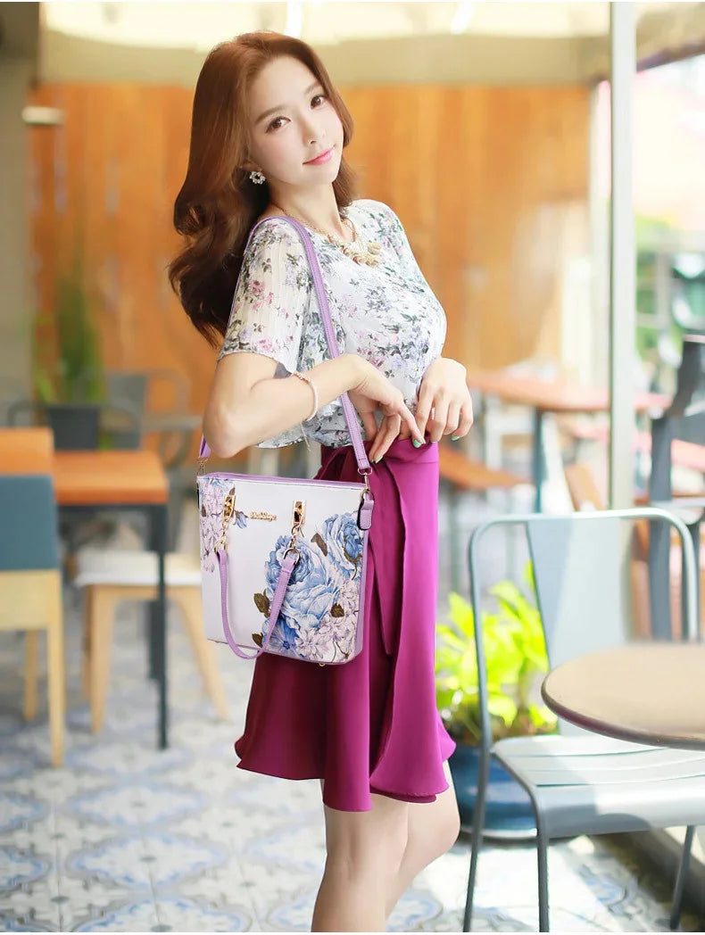 6pcs/ Fashion Women Handbags Prints PU Leather Clutch Large Shoulder Purse Female Set Composite Bag