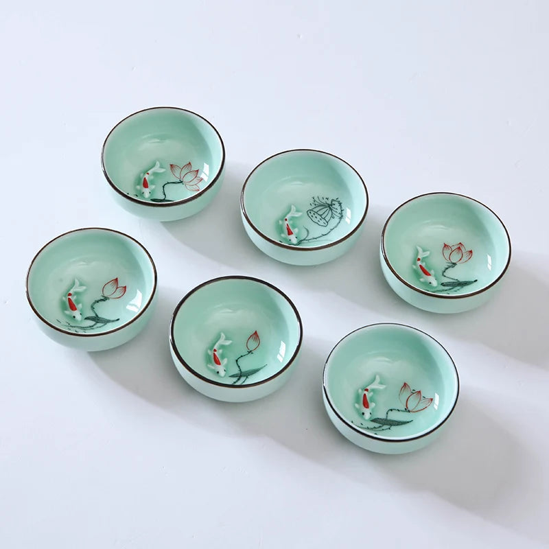 6pcs/lot Chinese longquan celadon porcelain tea cup handpainted flower lotus fish relief kungfu tea cups ceramic cup of tea new