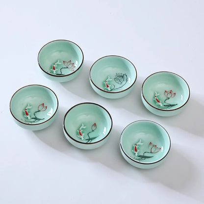 6pcs/lot Chinese longquan celadon porcelain tea cup handpainted flower lotus fish relief kungfu tea cups ceramic cup of tea new