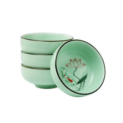 6pcs/lot Chinese longquan celadon porcelain tea cup handpainted flower lotus fish relief kungfu tea cups ceramic cup of tea new