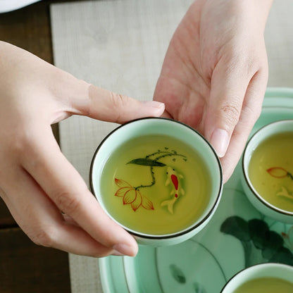 6pcs/lot Chinese longquan celadon porcelain tea cup handpainted flower lotus fish relief kungfu tea cups ceramic cup of tea new
