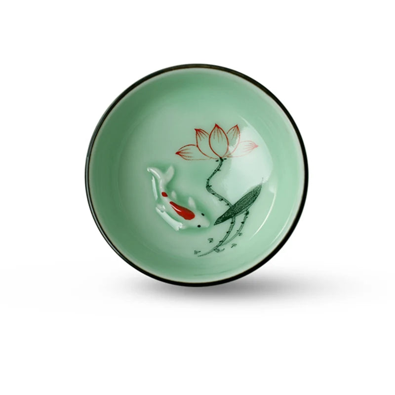 6pcs/lot Chinese longquan celadon porcelain tea cup handpainted flower lotus fish relief kungfu tea cups ceramic cup of tea new