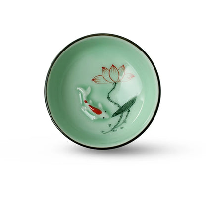 6pcs/lot Chinese longquan celadon porcelain tea cup handpainted flower lotus fish relief kungfu tea cups ceramic cup of tea new
