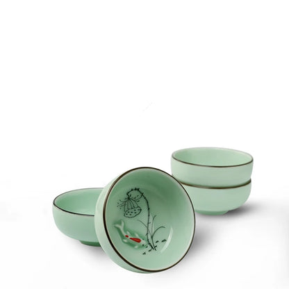 6pcs/lot Chinese longquan celadon porcelain tea cup handpainted flower lotus fish relief kungfu tea cups ceramic cup of tea new