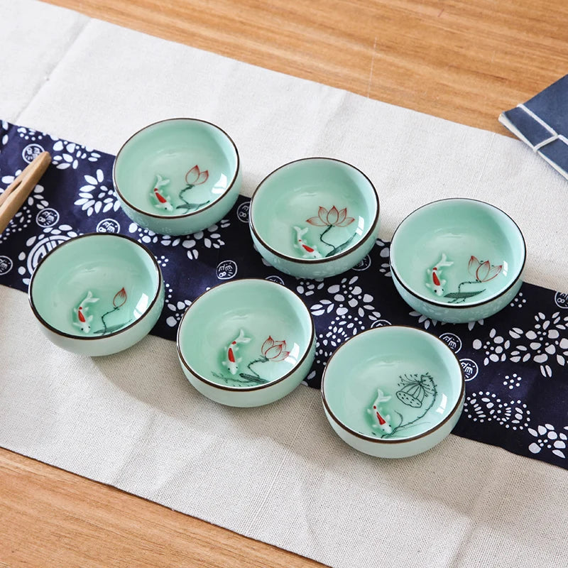 6pcs/lot Chinese longquan celadon porcelain tea cup handpainted flower lotus fish relief kungfu tea cups ceramic cup of tea new