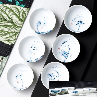 6pcs/lot tea cup handpainted Jingdezhen porcelain kungfu tea cups lotus flower fish print Pu'er cup of tea on sales Chinese cups