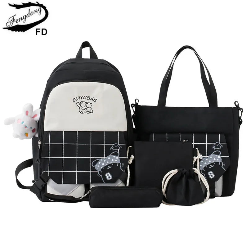 6pcs/set Children school backpack cute black and white plaid backpack kawaii school bags for kid girls handbag pencil bag set