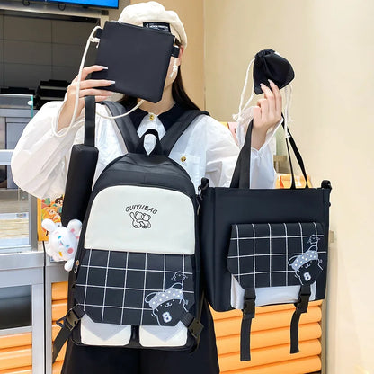 6pcs/set Children school backpack cute black and white plaid backpack kawaii school bags for kid girls handbag pencil bag set
