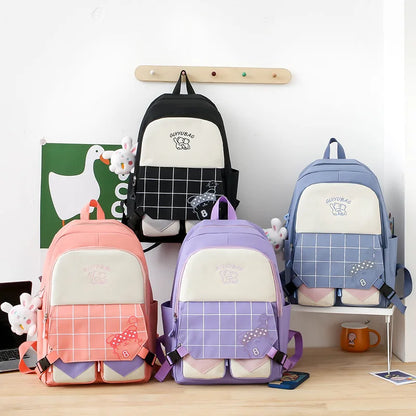 6pcs/set Children school backpack cute black and white plaid backpack kawaii school bags for kid girls handbag pencil bag set