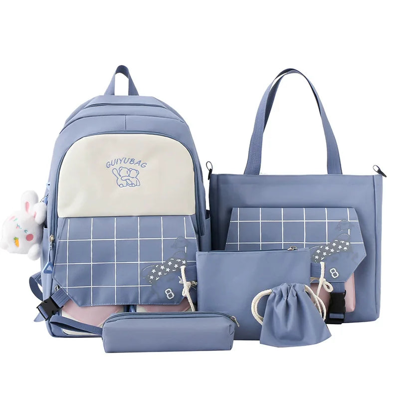 6pcs/set Children school backpack cute black and white plaid backpack kawaii school bags for kid girls handbag pencil bag set