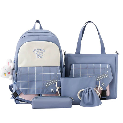6pcs/set Children school backpack cute black and white plaid backpack kawaii school bags for kid girls handbag pencil bag set