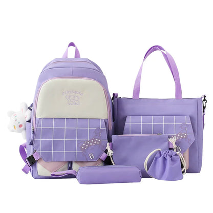 6pcs/set Children school backpack cute black and white plaid backpack kawaii school bags for kid girls handbag pencil bag set