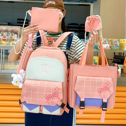 6pcs/set Children school backpack cute black and white plaid backpack kawaii school bags for kid girls handbag pencil bag set