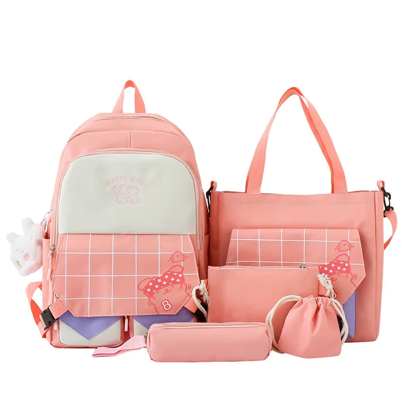6pcs/set Children school backpack cute black and white plaid backpack kawaii school bags for kid girls handbag pencil bag set
