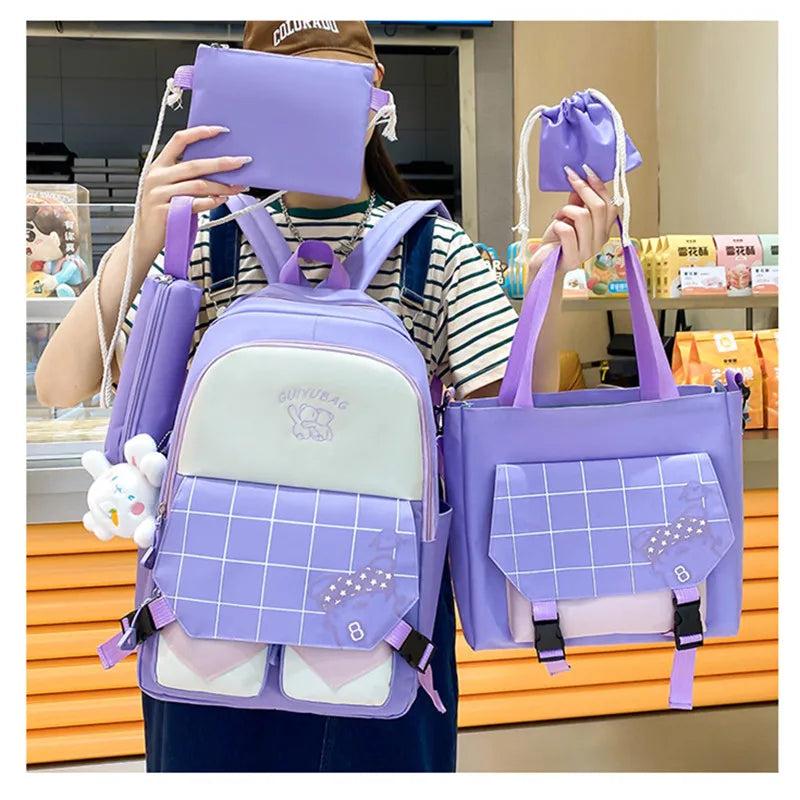 6pcs/set Children school backpack cute black and white plaid backpack kawaii school bags for kid girls handbag pencil bag set