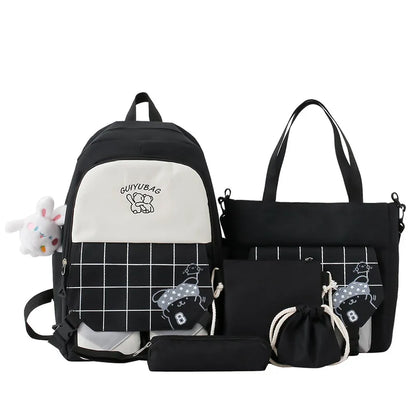 6pcs/set Children school backpack cute black and white plaid backpack kawaii school bags for kid girls handbag pencil bag set